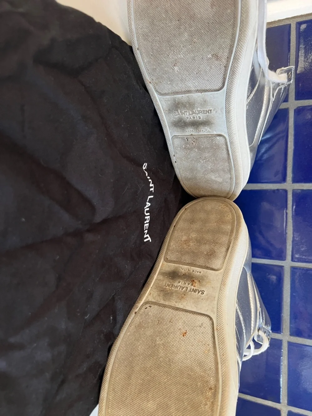 Saint Laurent Silver Metallic High-Top Sneakers with White Trim - Picture 2 of 9